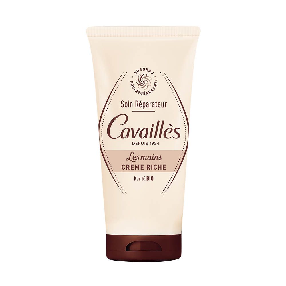 Crèmetube, wit-beige, met bruine dop. Opschrift: Cavaillès, Les mains Crème riche, Karité BIO. Logo.