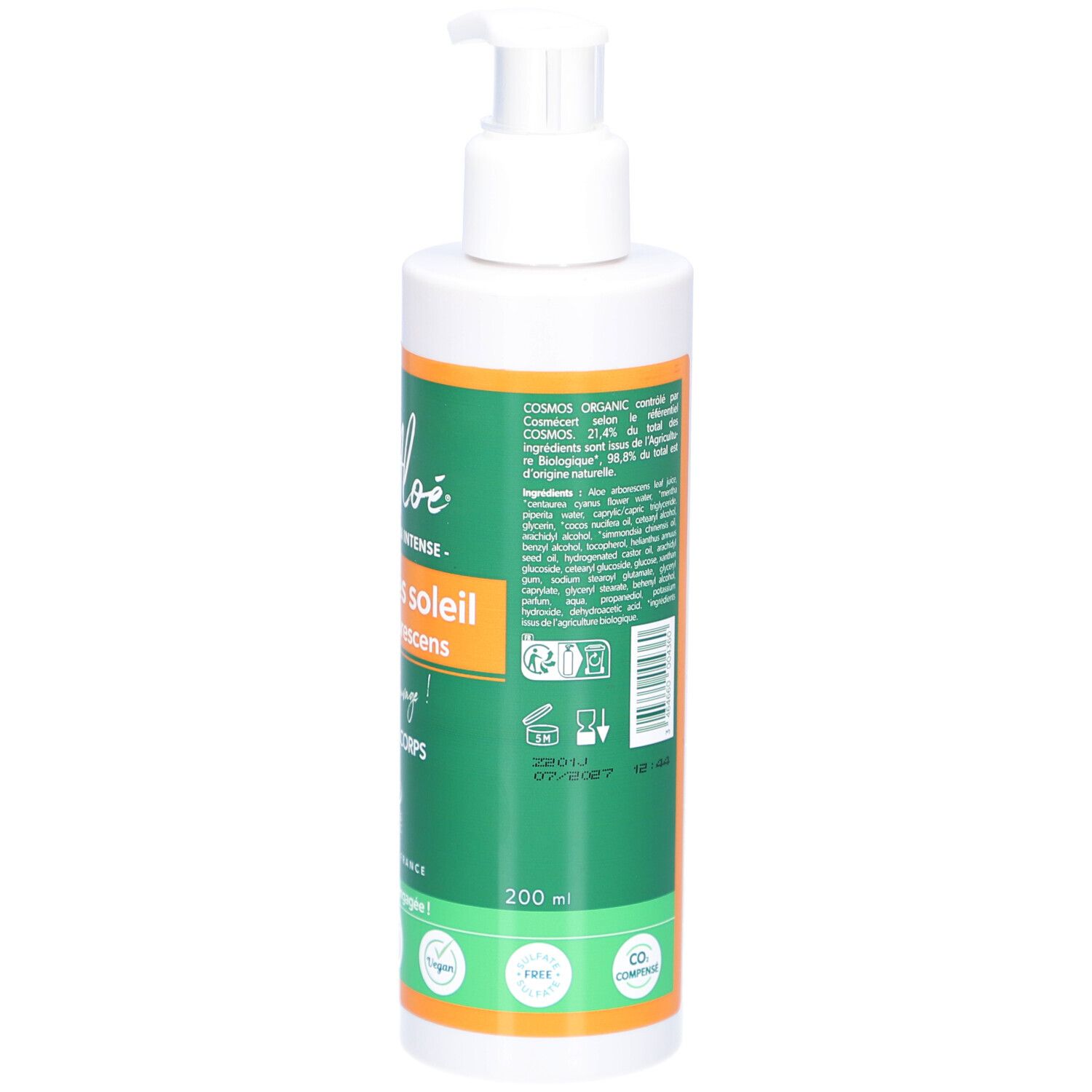 Achterkant van de witte fles met pomp. Tekst op oranje etiket. Streepjescode. Logo's op groen etiket. 200 ml.