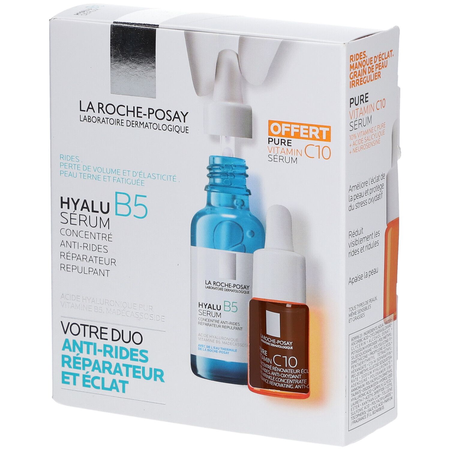 Coffret avec deux sérums. Flacon bleu et blanc, flacon orange et blanc. Texte: Hyalu B5 Serum, Pure Vitamin C10 Serum. Offert.