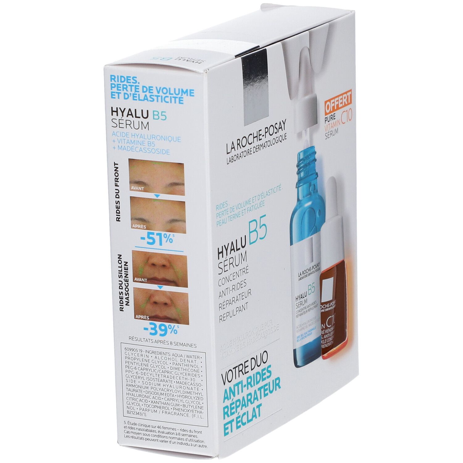 Coffret avec deux sérums. Flacon bleu, flacon orange. Texte: Hyalu B5 Serum, Pure Vitamin C10 Serum. Images de rides.