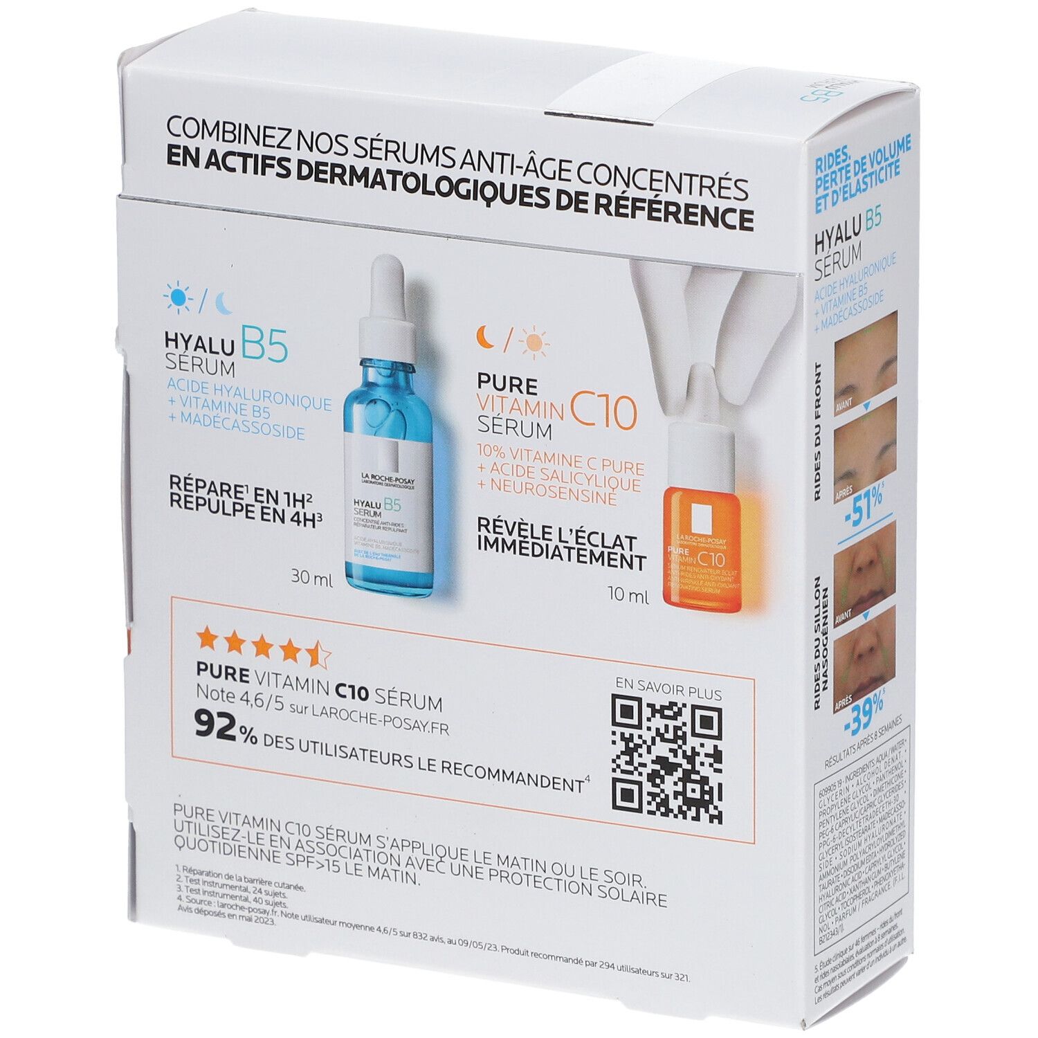 Dos du coffret avec deux sérums. Flacons bleu et orange. Texte: Hyalu B5 Serum, Pure Vitamin C10 Serum. Code QR.