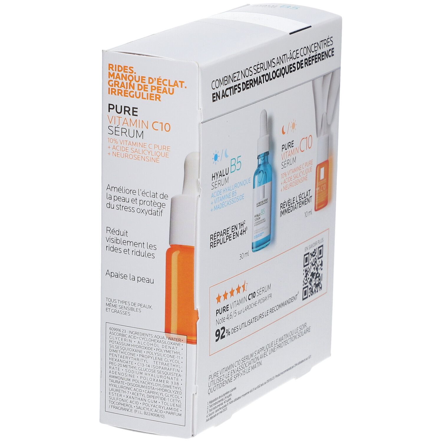 Dos du coffret avec deux sérums. Flacons bleu et orange. Texte: Hyalu B5 Serum, Pure Vitamin C10 Serum. Code QR.