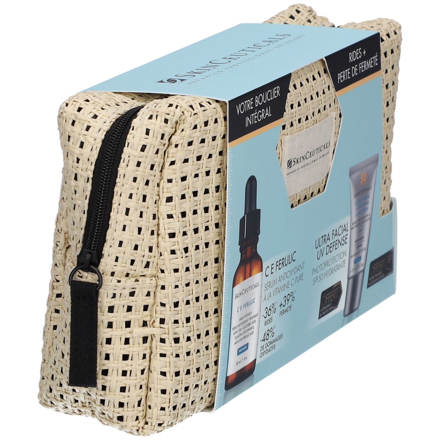 Coffret cosmétique avec sérum, crème solaire et trousse beige zippée. Texte: SkinCeuticals, C E Ferulic.