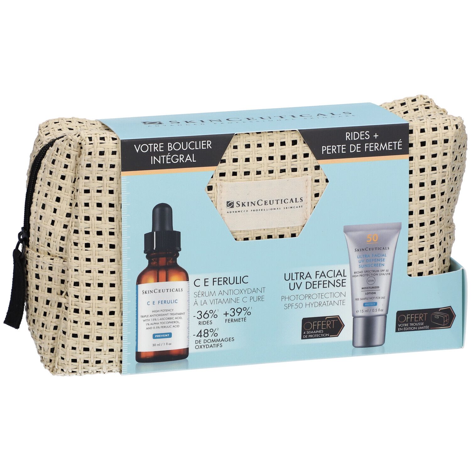 Coffret cosmétique avec sérum, crème solaire et trousse beige. Texte: SkinCeuticals, C E Ferulic, Ultra Facial UV Defense.