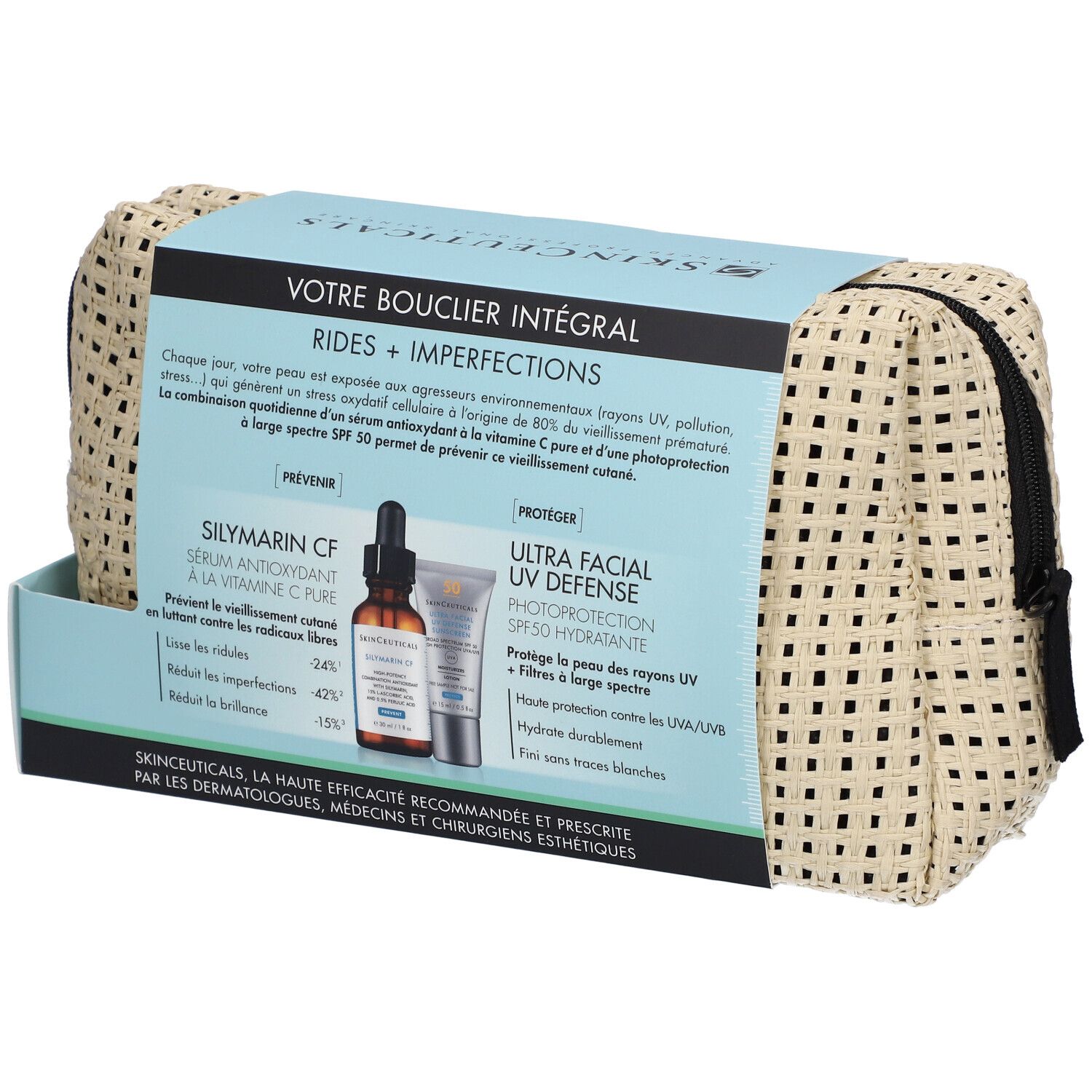 Coffret cadeau avec sérum, crème solaire et trousse de toilette. Inscriptions: SkinCeuticals, Silymarin CF, Ultra Facial UV Defense.