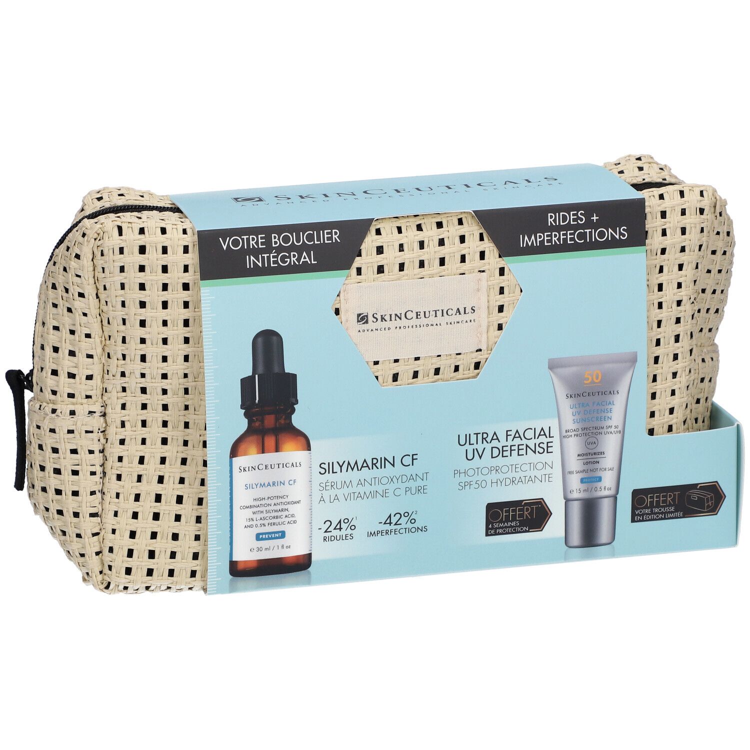 Coffret cadeau avec sérum et crème solaire. Trousse de toilette beige. Inscriptions: SkinCeuticals, Silymarin CF, Ultra Facial UV Defense.
