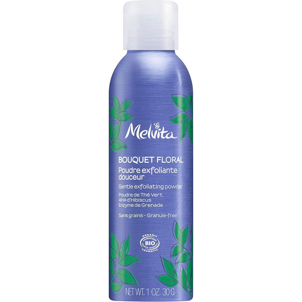 Blauw-violette fles met witte dop. Opschrift: Melvita, Bouquet Floral, Poudre exfoliante douceur. Bio-certificering.