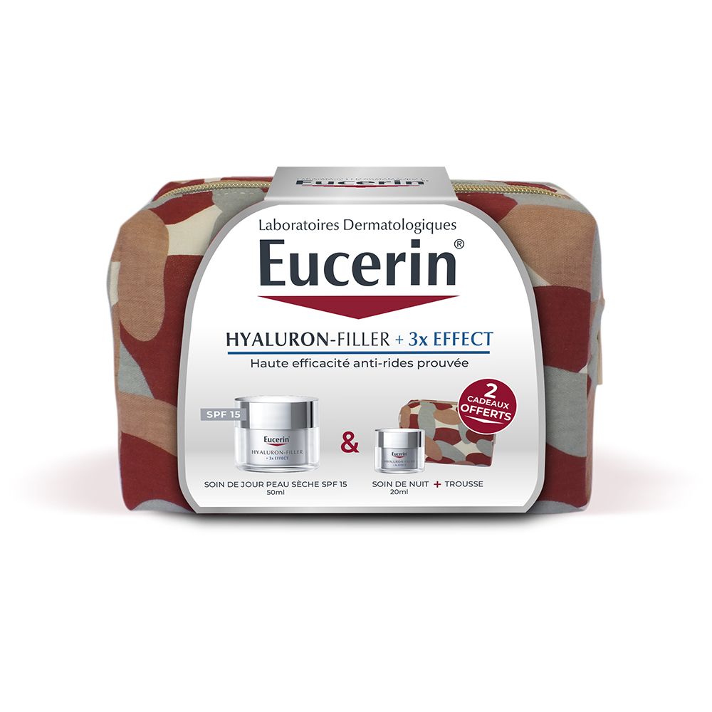 Make-uptas met Eucerin-productverpakking. Opschrift: HYALURON-FILLER + 3x EFFECT. Twee producten en een tas.