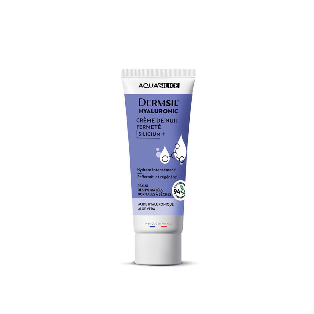 Aquasilice Dermsil Hyaluronic nachtcrème in een paarse tube met witte dop.