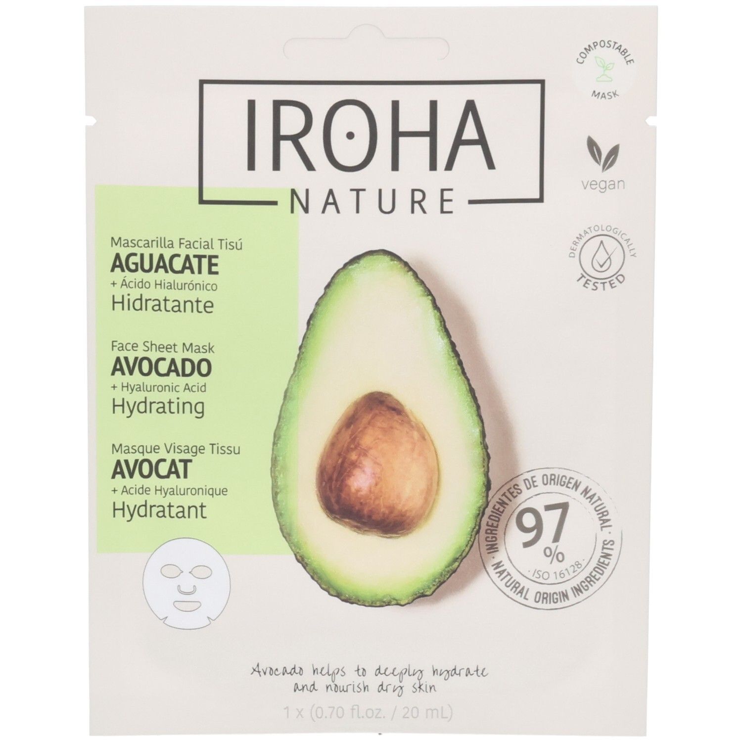 Masque visage Iroha Nature à l'avocat et acide hyaluronique. Masque compostable, vegan.