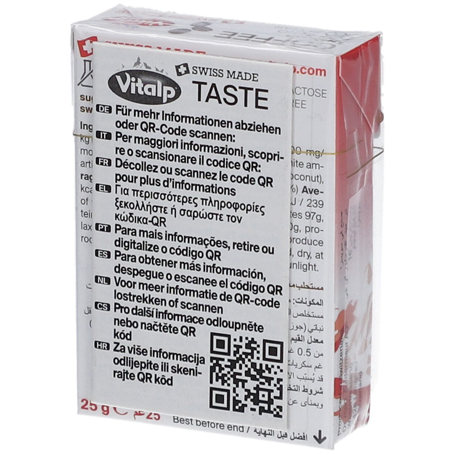 Dos de l'emballage des bonbons au café Vitalp. Texte multilingue et code QR. Informations sur les ingrédients et la valeur nutritionnelle.