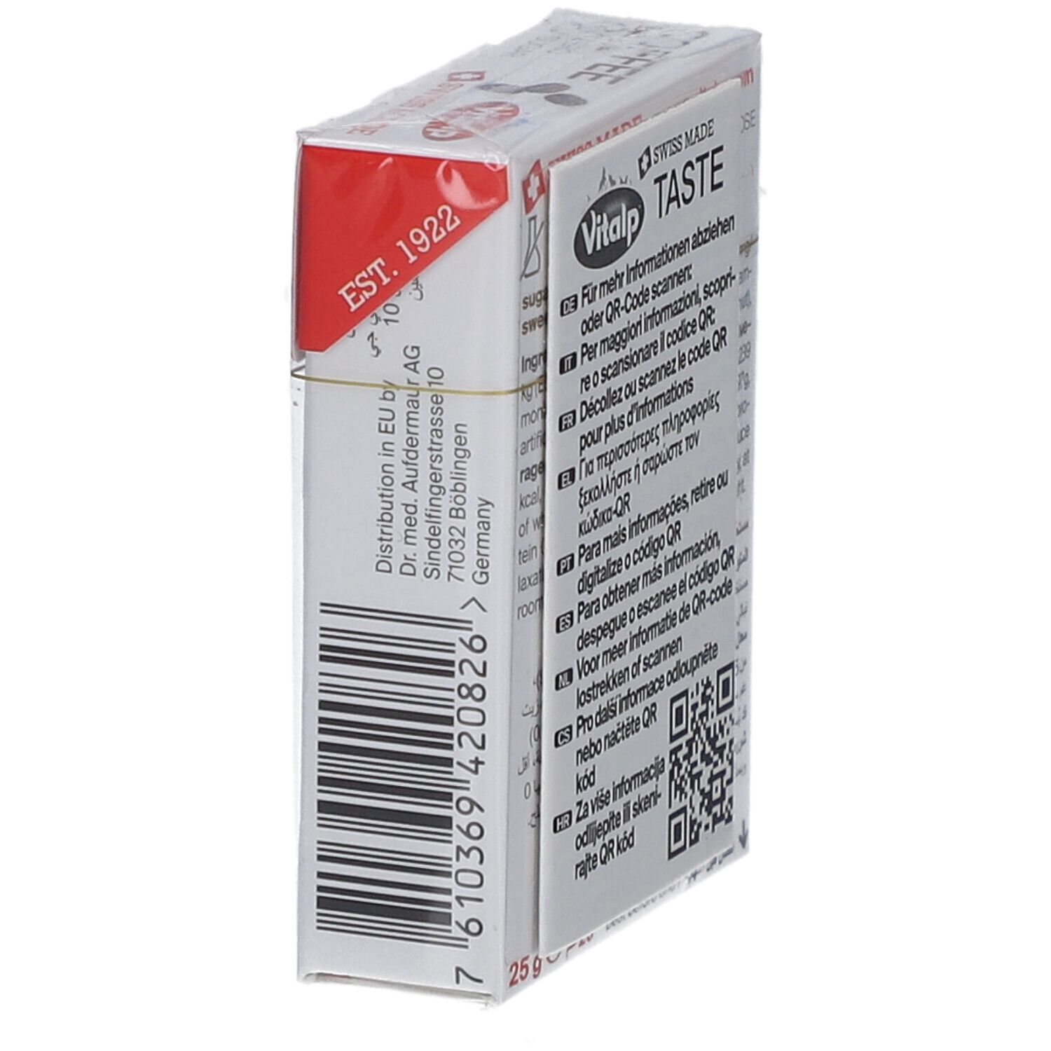 Vue latérale de l'emballage des bonbons au café Vitalp. Code-barres et texte. Informations de fabrication et de distribution.