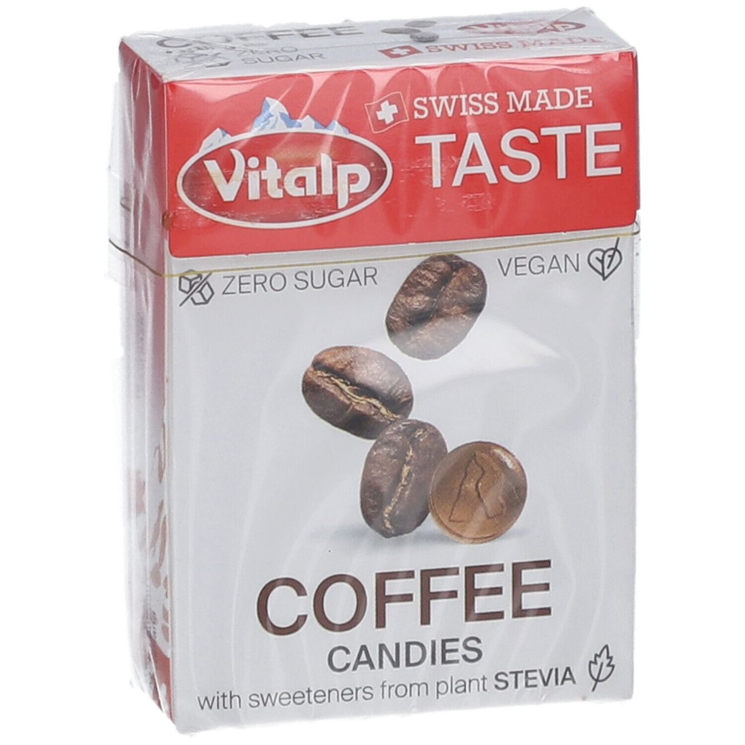 Vue de face de l'emballage des bonbons au café Vitalp. Boîte rouge et blanche avec image de café et texte. "Zero Sugar" et "Vegan".