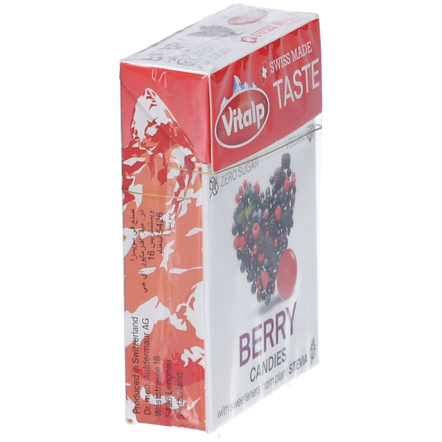 Schuine weergave van de verpakking met bessenbonbons. Opschrift: Vitalp, Swiss Made, Zero Sugar, Berry Candies. Hart van bessen.