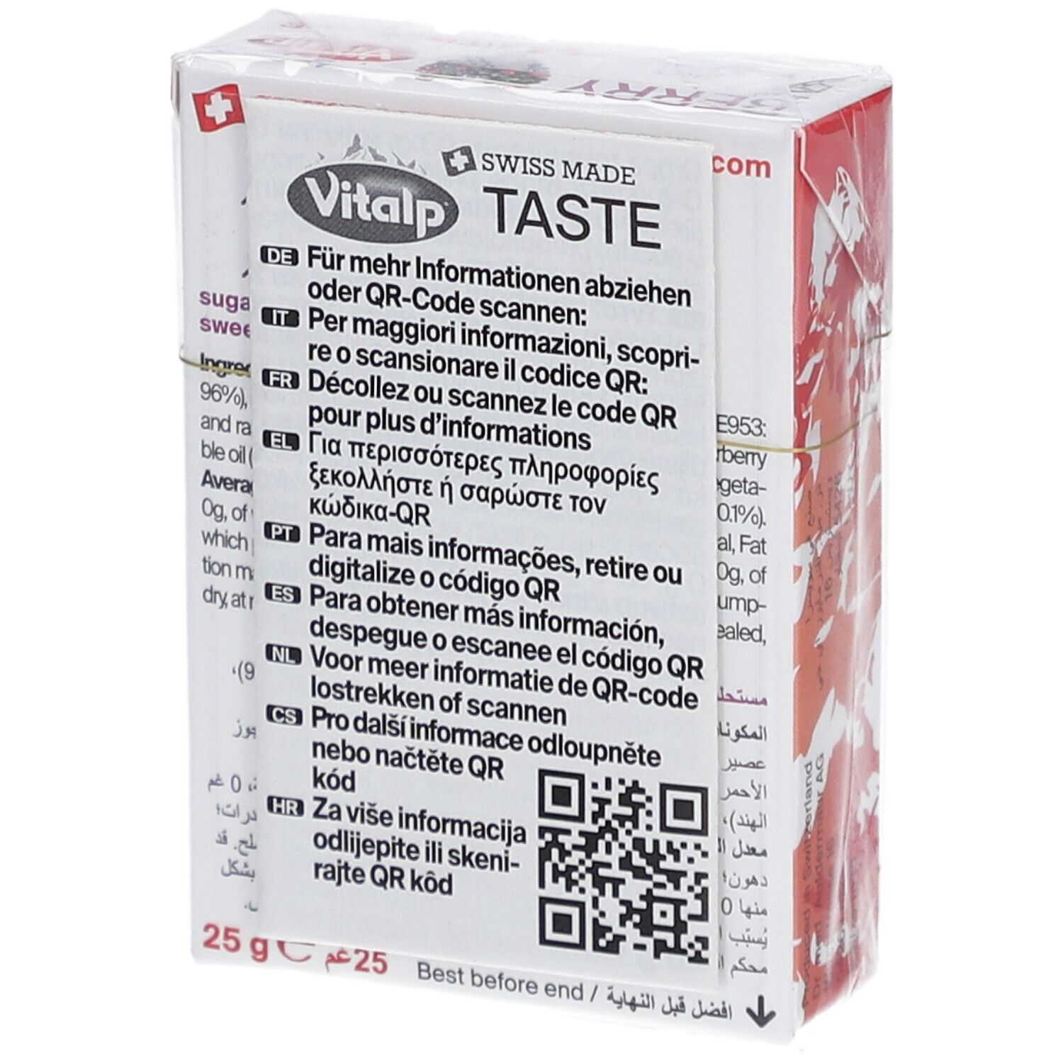 Achterkant van de verpakking met informatie en QR-code. Opschrift: Vitalp, Swiss Made, 25g, Best before.