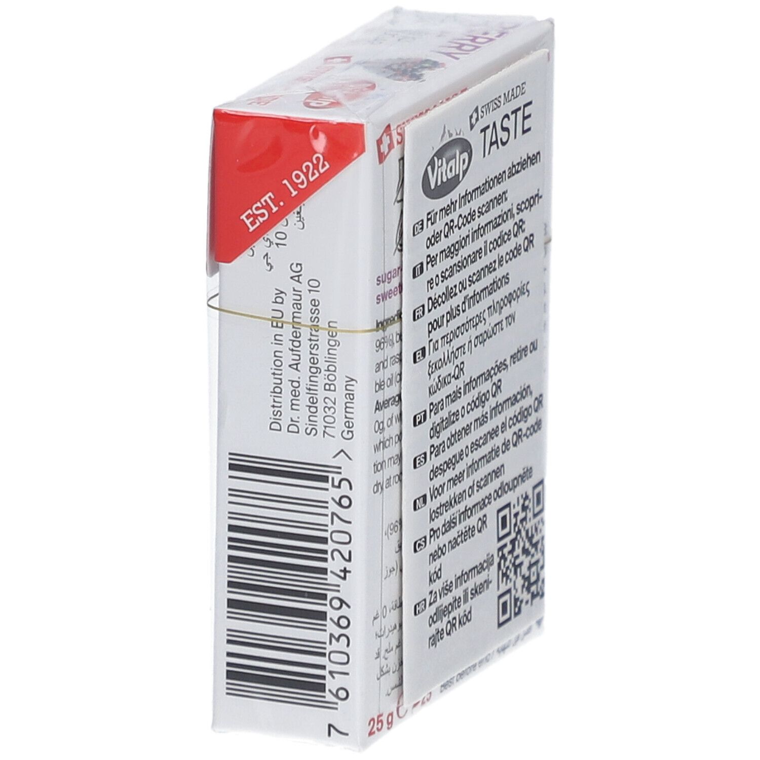 Zijaanzicht van de verpakking met informatie en QR-code. Opschrift: Vitalp, Swiss Made, 25g, Best before.