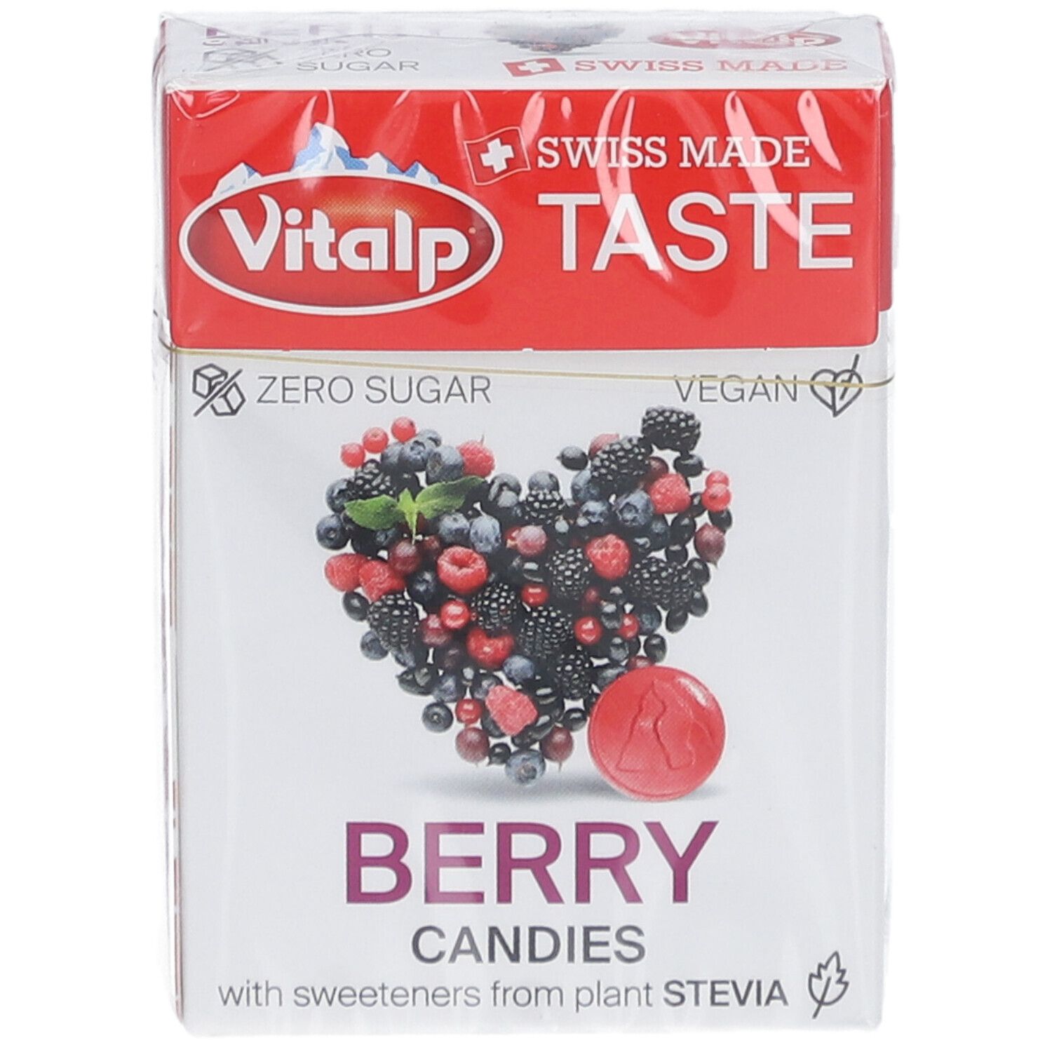 Verpakking met bessenbonbons. Opschrift: Vitalp, Swiss Made, Zero Sugar, Berry Candies. Hart van bessen.