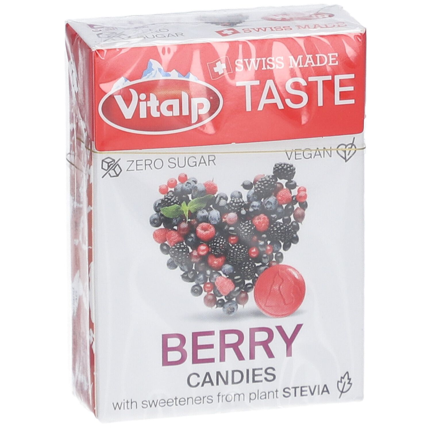 Verpakking met bessenbonbons. Opschrift: Vitalp, Swiss Made, Zero Sugar, Berry Candies. Hart van bessen.