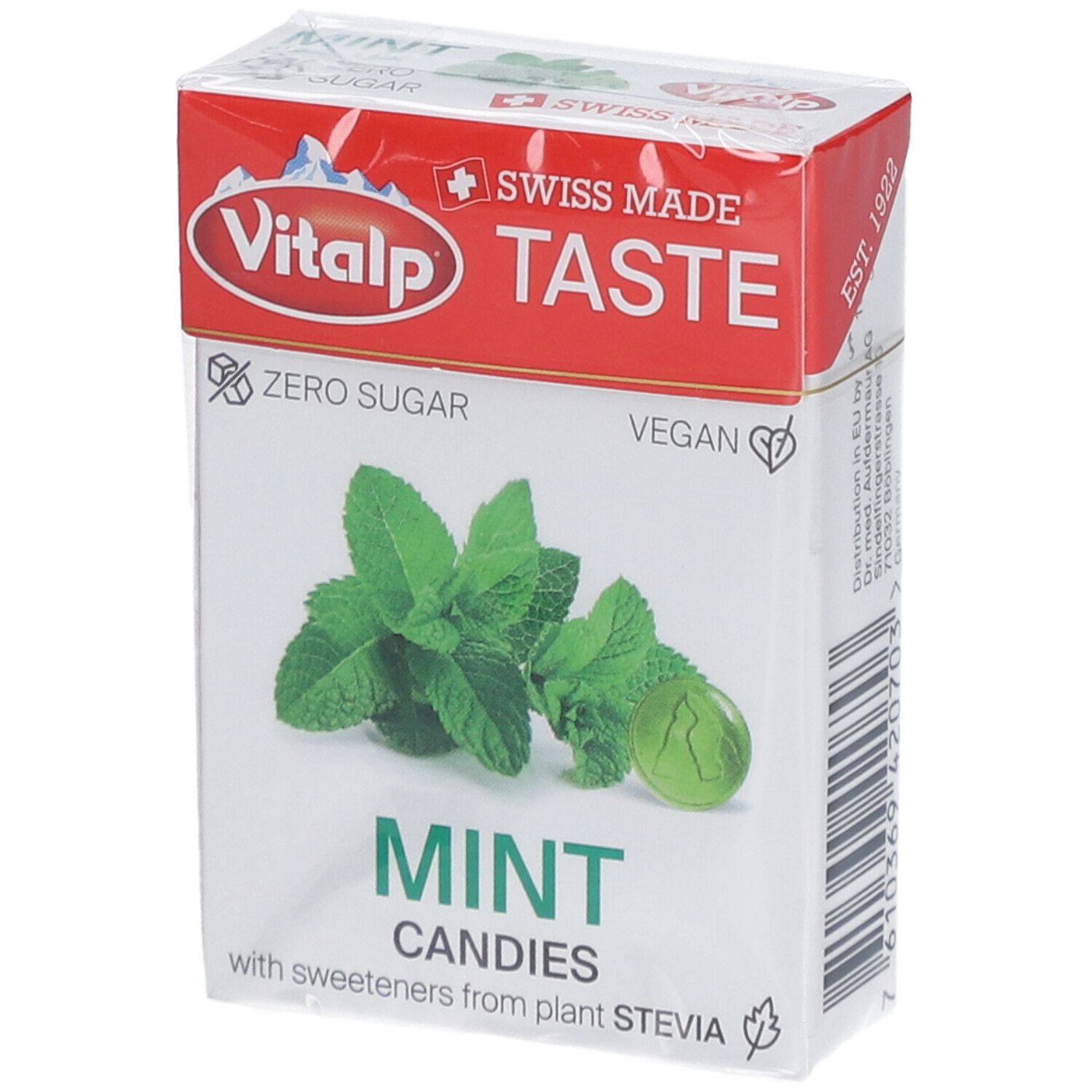Verpakking Vitalp pepermunt zonder suiker. Opschrift: Swiss Made, Zero Sugar, Vegan. Afbeelding van munt en snoepje.