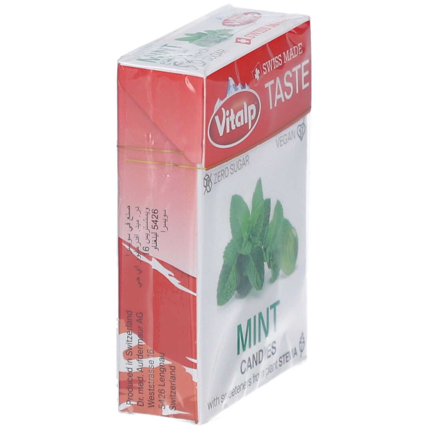 Zijaanzicht verpakking Vitalp pepermunt zonder suiker. Opschrift: Swiss Made, Zero Sugar, Vegan. Afbeelding van munt en snoepje.
