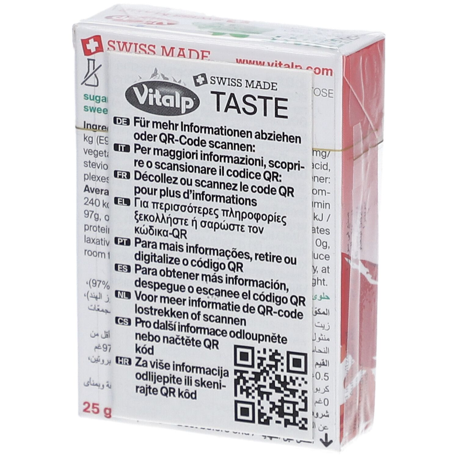 Achterkant verpakking Vitalp pepermunt zonder suiker. QR-code en meertalige tekst. Opschrift: Swiss Made.