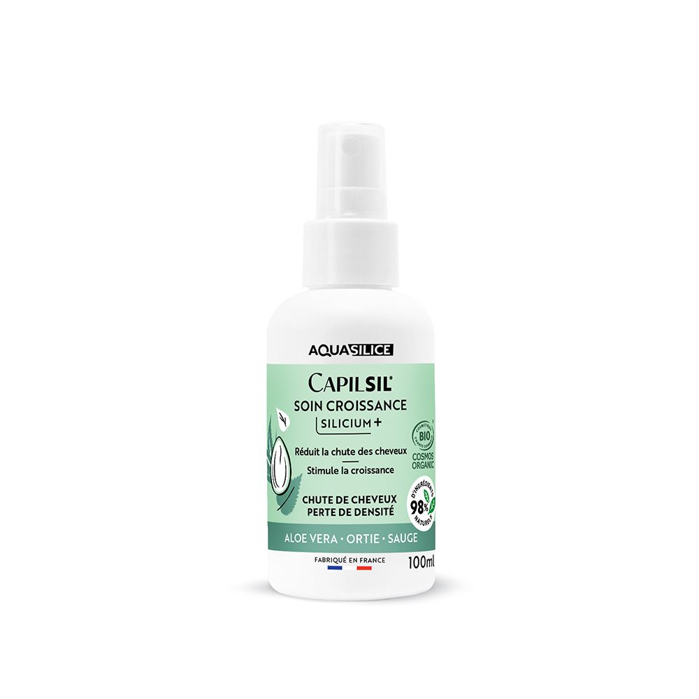 Flacon spray blanc Capilsil Soin Croissance Silicium+. Contient Aloe Vera, Ortie, Sauge. 100ml.