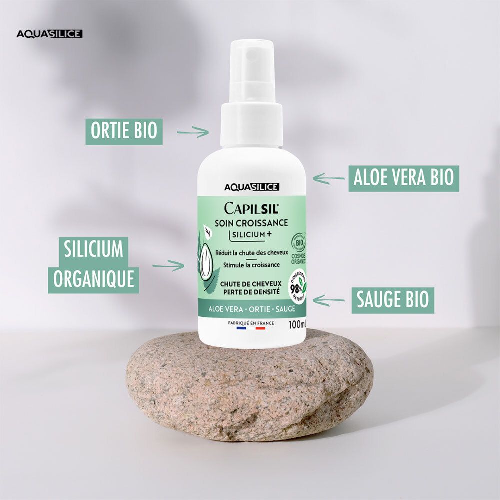 Flacon de soin capillaire, 100ml. Étiquette: Capilsil, Soin Croissance, Silicium+. Ingrédients bio: Ortie, Aloe Vera, Sauge.