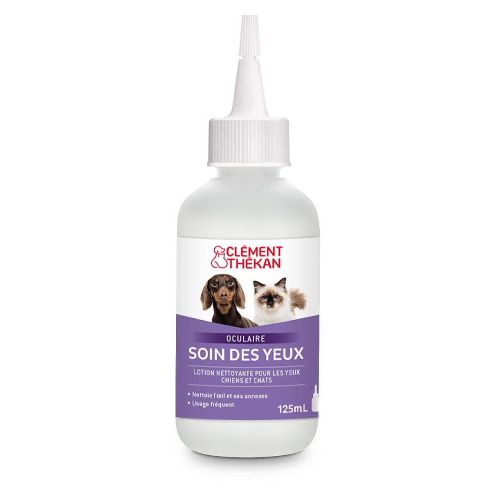 Flacon blanc à embout. Étiquette : chiens, chats, "SOIN DES YEUX", "125ml".
