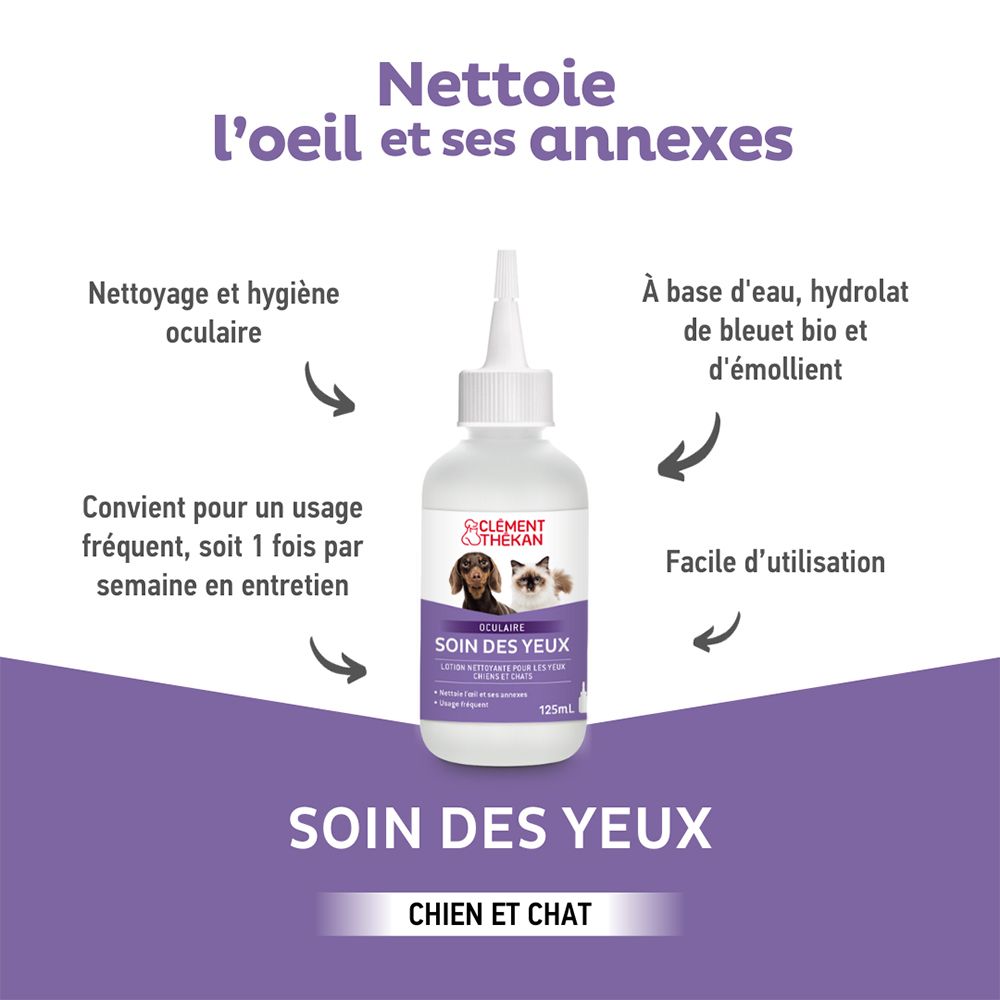 Flacon avec texte et flèches. Texte : "SOIN DES YEUX", "CHIEN ET CHAT".