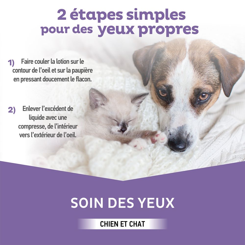 Chien et chat sous une couverture. Texte : "SOIN DES YEUX", "CHIEN ET CHAT".