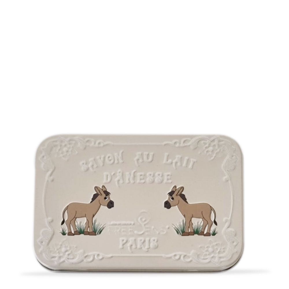 Savon rectangulaire avec inscription "Savon au Lait d'Ânesse". Deux illustrations d'ânes. Couleur beige.