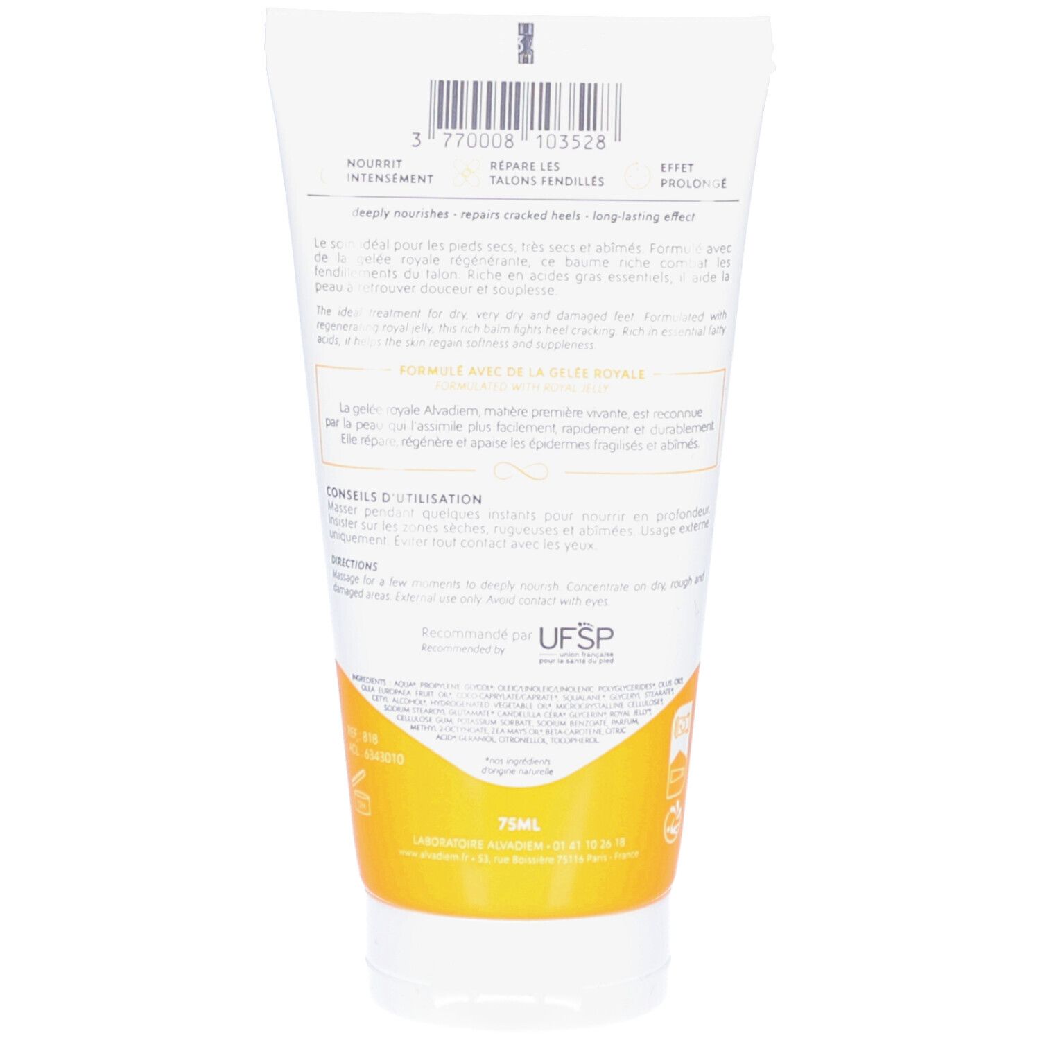 Achterkant van de tube. Tekst in het Frans en Engels. Barcode en tekst. Geel gedeelte met tekst. Volume: 75 ml.