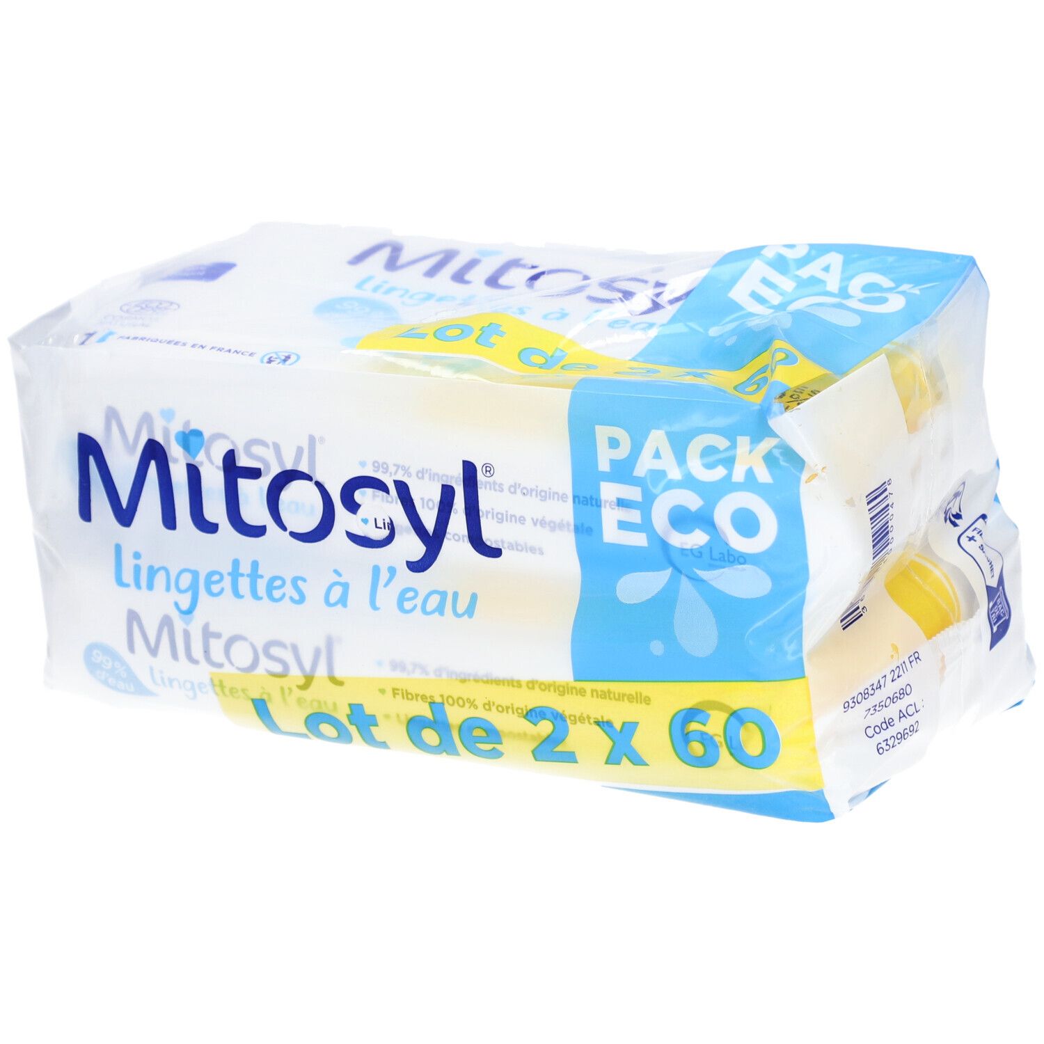 Verpakking Mitosyl-doekjes. Opschrift: Lot de 2 x 60. Verpakking met blauw en geel design.
