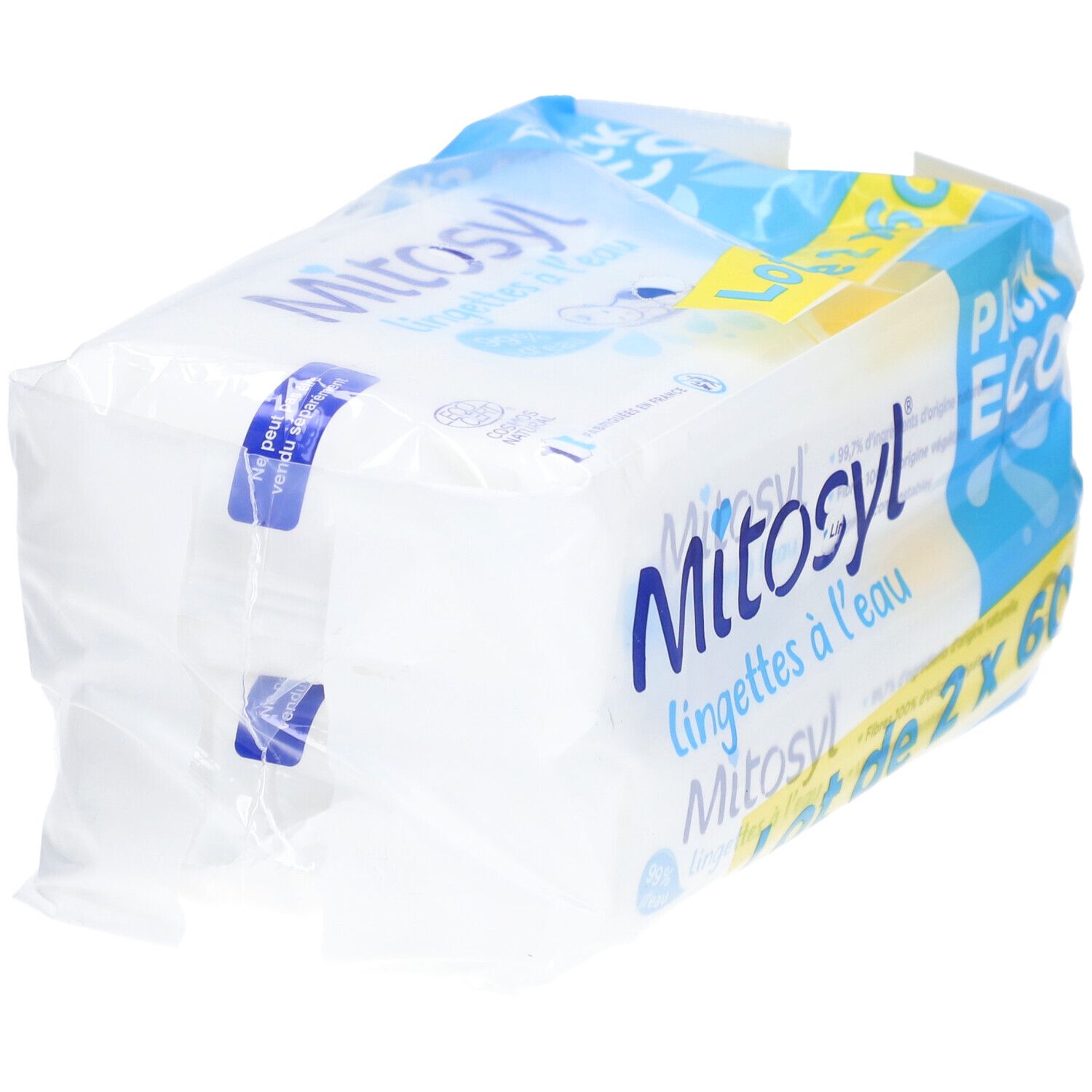 Verpakking Mitosyl-doekjes. Opschrift: Lot de 2 x 60. Verpakking met blauw en geel design.