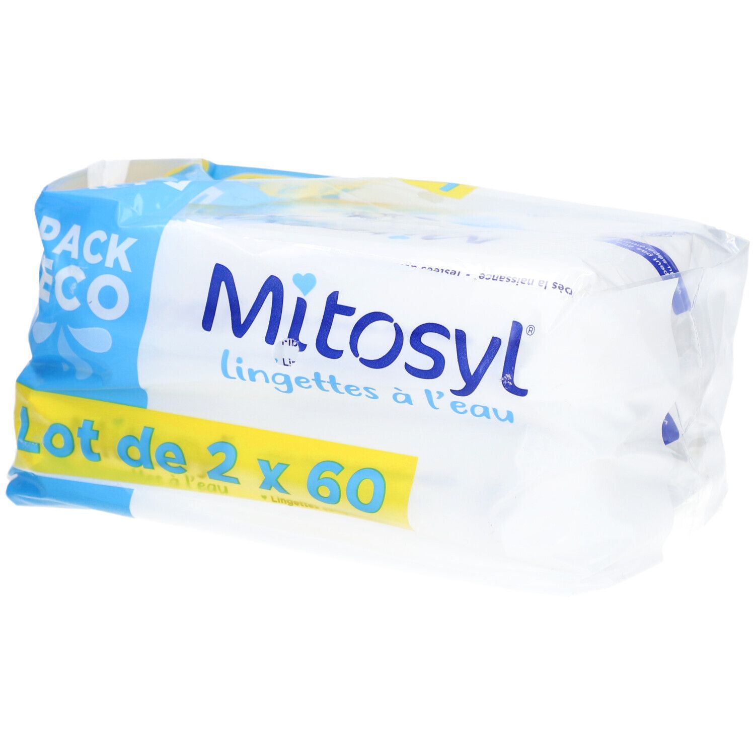 Verpakking Mitosyl-doekjes. Opschrift: Lot de 2 x 60. Verpakking met blauw en geel design.