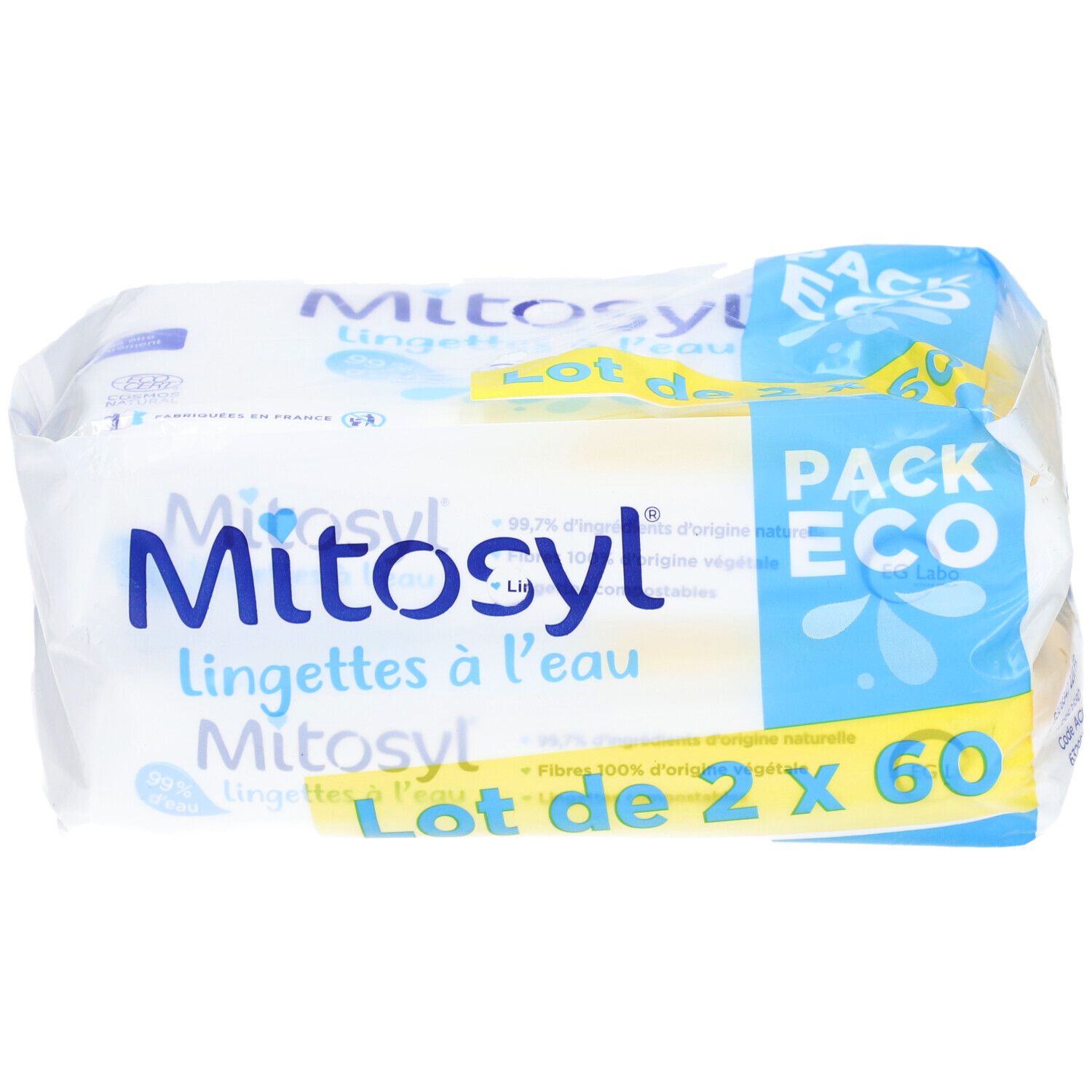 Verpakking Mitosyl-doekjes. Opschrift: Lot de 2 x 60. Verpakking met blauw en geel design.