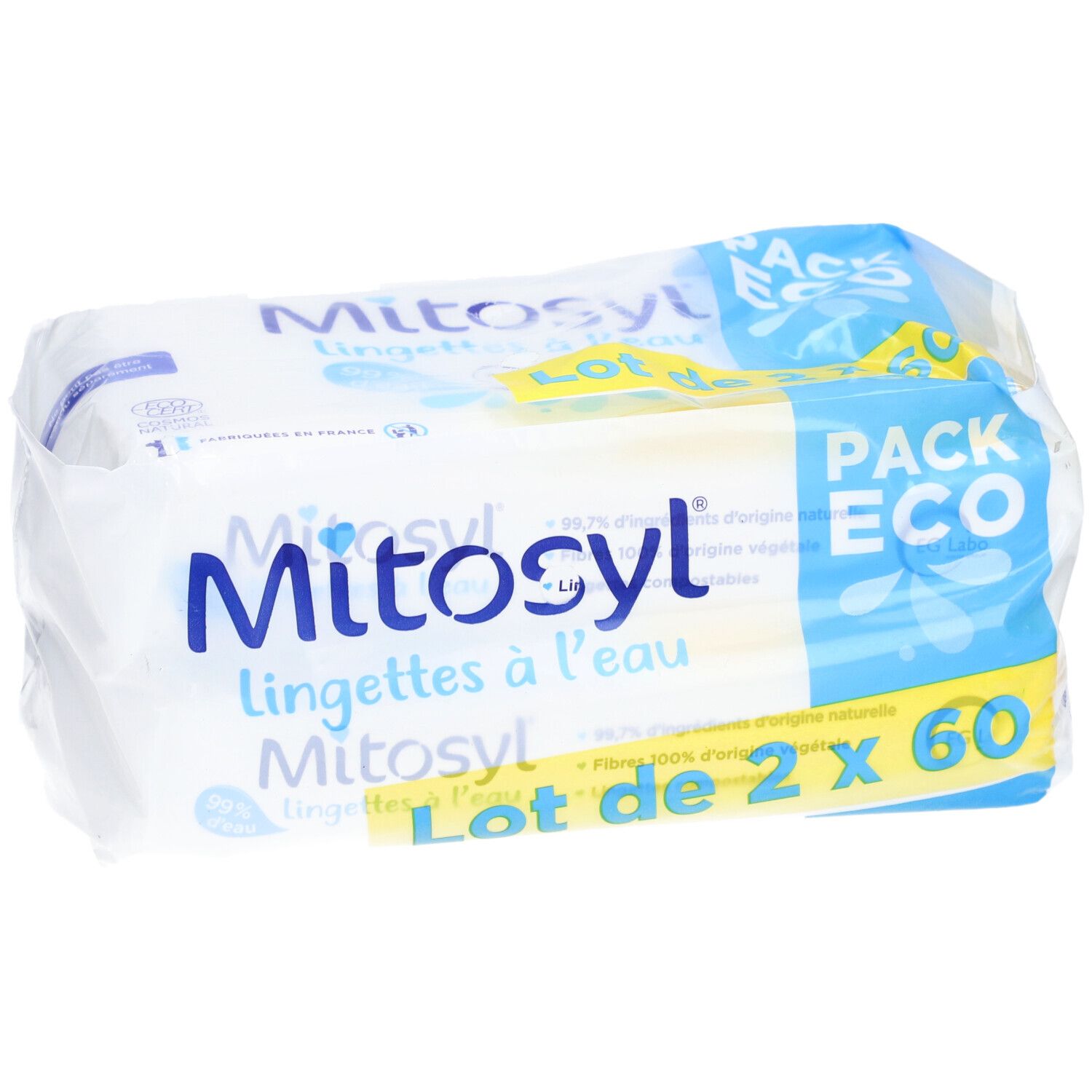 Verpakking Mitosyl-doekjes. Opschrift: Lot de 2 x 60. Verpakking met blauw en geel design.