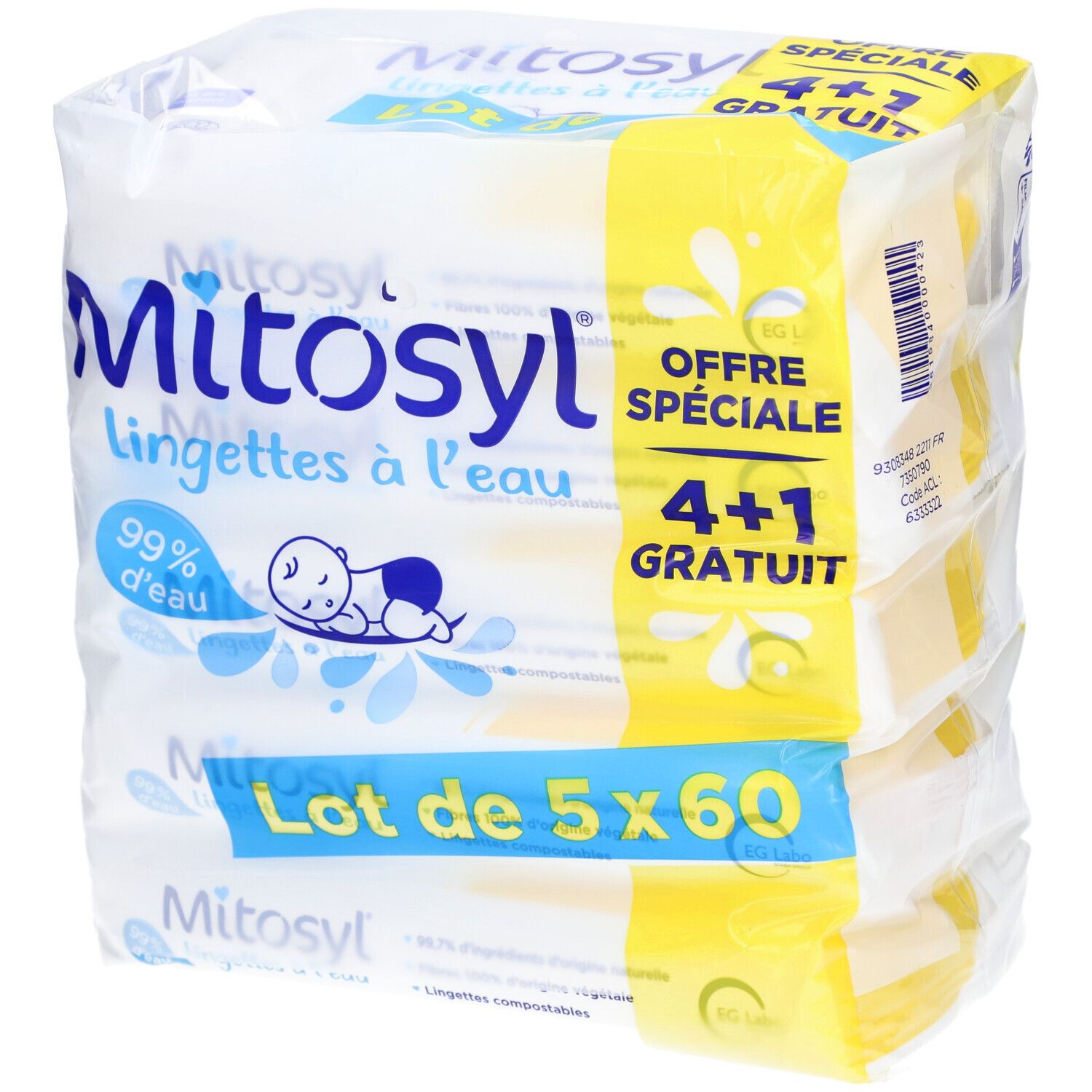 Verpakking Mitosyl-doekjes. Opschrift: 4+1 gratis, 99% water, Lot de 5x60. Baby-illustratie.