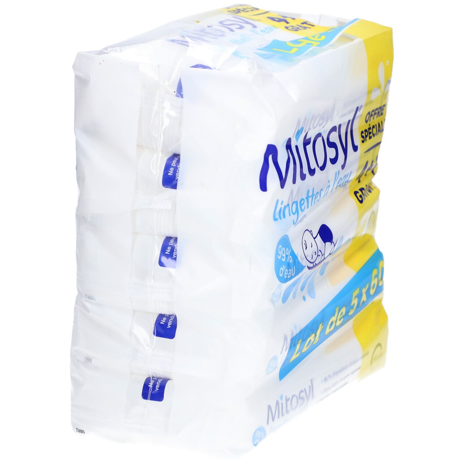 Verpakking Mitosyl-doekjes. Zichtbaar: 4+1 gratis, 99% water. Stapel verpakkingen.