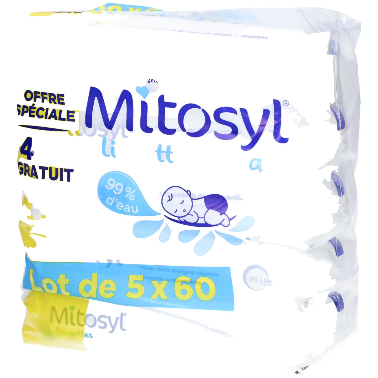 Verpakking Mitosyl-doekjes. Opschrift: 4 gratis, 99% water, Lot de 5x60. Baby-illustratie.