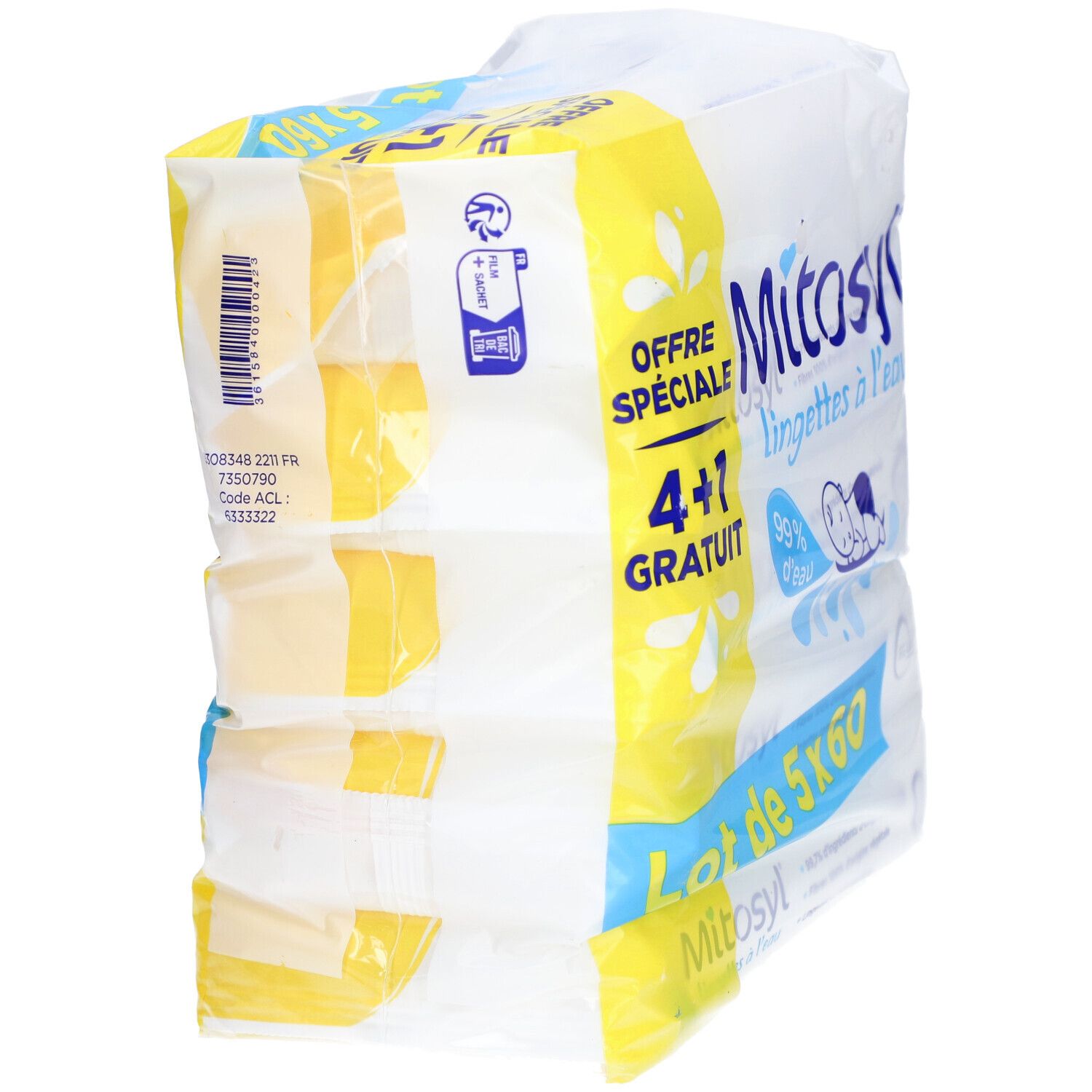 Verpakking Mitosyl-doekjes. Opschrift: 4+1 gratis, 99% water, Lot de 5x60. Baby-illustratie.