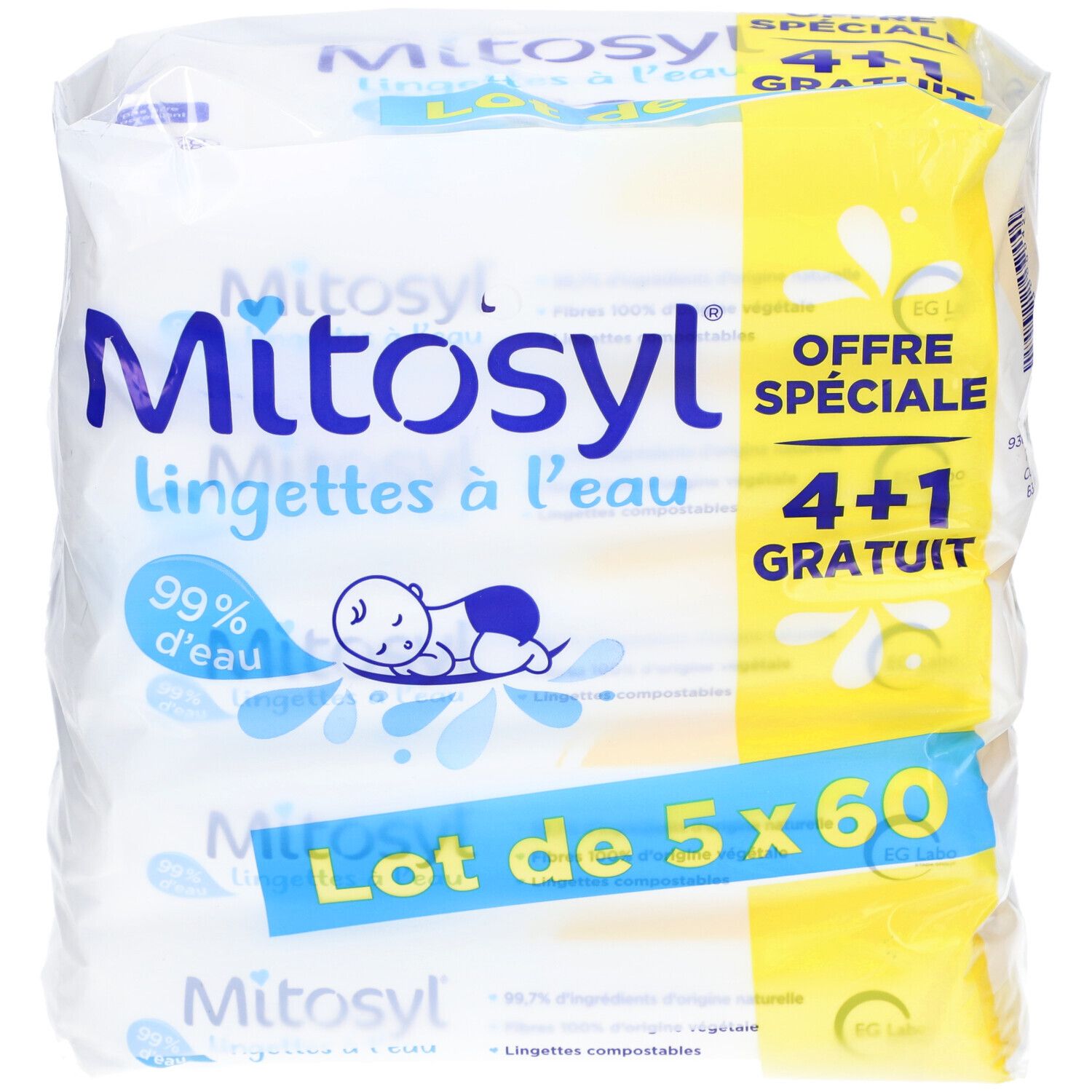 Verpakking Mitosyl-doekjes. Opschrift: 4+1 gratis, 99% water, Lot de 5x60. Baby-illustratie.