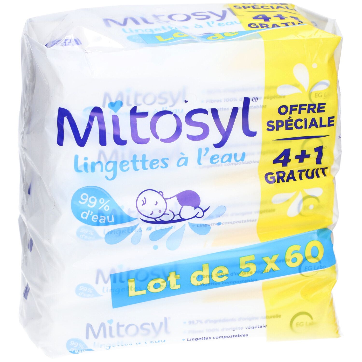 Verpakking Mitosyl-doekjes. Opschrift: 4+1 gratis, 99% water, Lot de 5x60. Baby-illustratie.