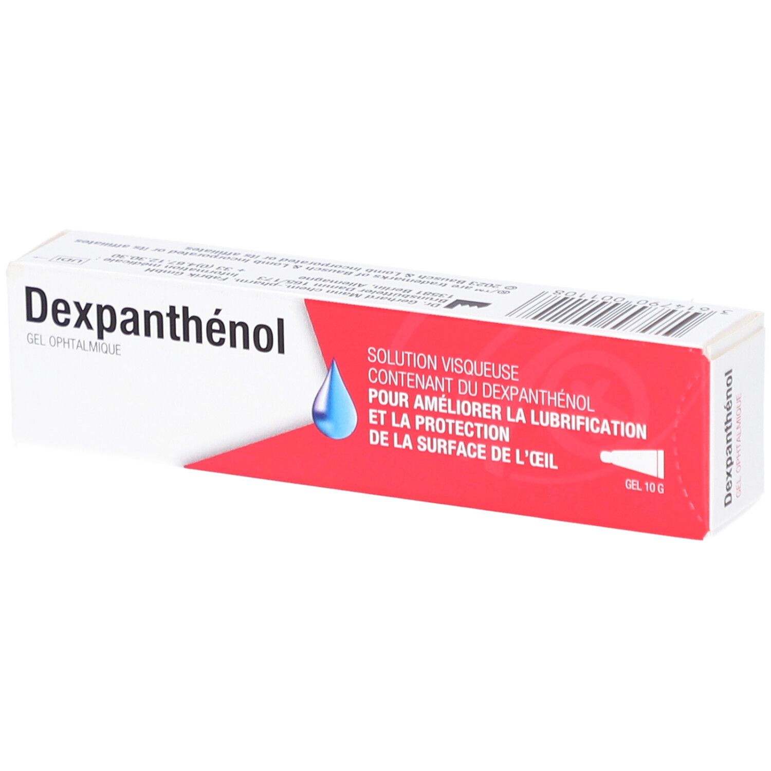 Boîte de gel ophtalmique Dexpanthenol. Emballage rouge et blanc. Texte : Gel ophtalmique, solution pour lubrification des yeux.