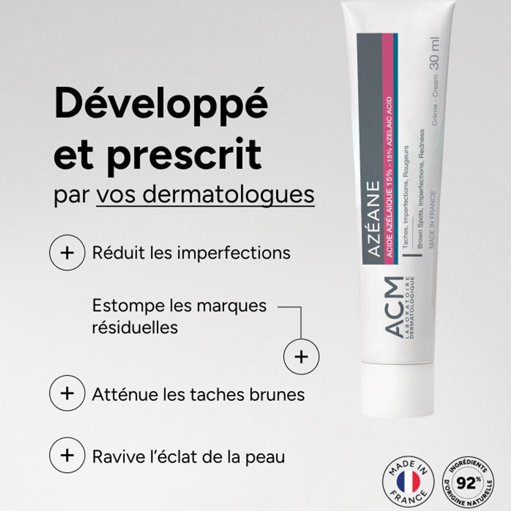 Crème ACM Azéane à 15% d'acide azélaïque. Réduit imperfections, marques et taches brunes. Fabriqué en France.