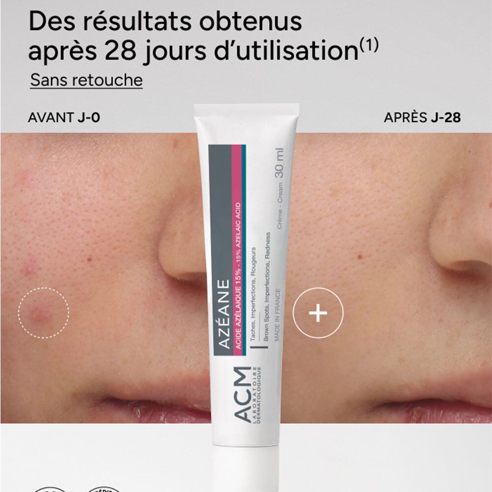 Crème ACM Azéane à 15% d'acide azélaïque pour imperfections et taches. Tube de 30 ml.
