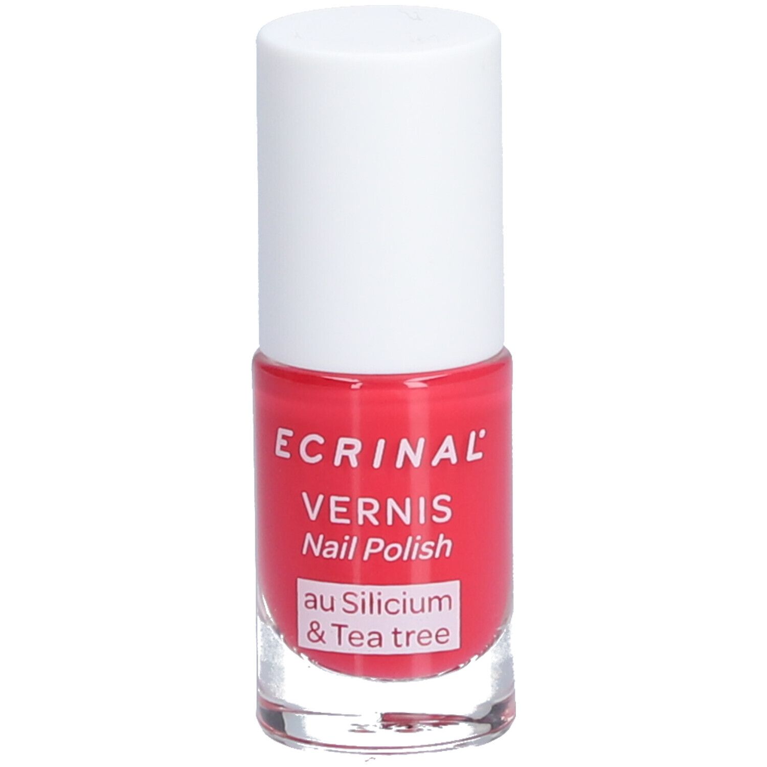 Flacon de vernis à ongles rouge, bouchon blanc. Inscription: ECRINAL, VERNIS, Nail Polish, au Silicium & Tea tree.