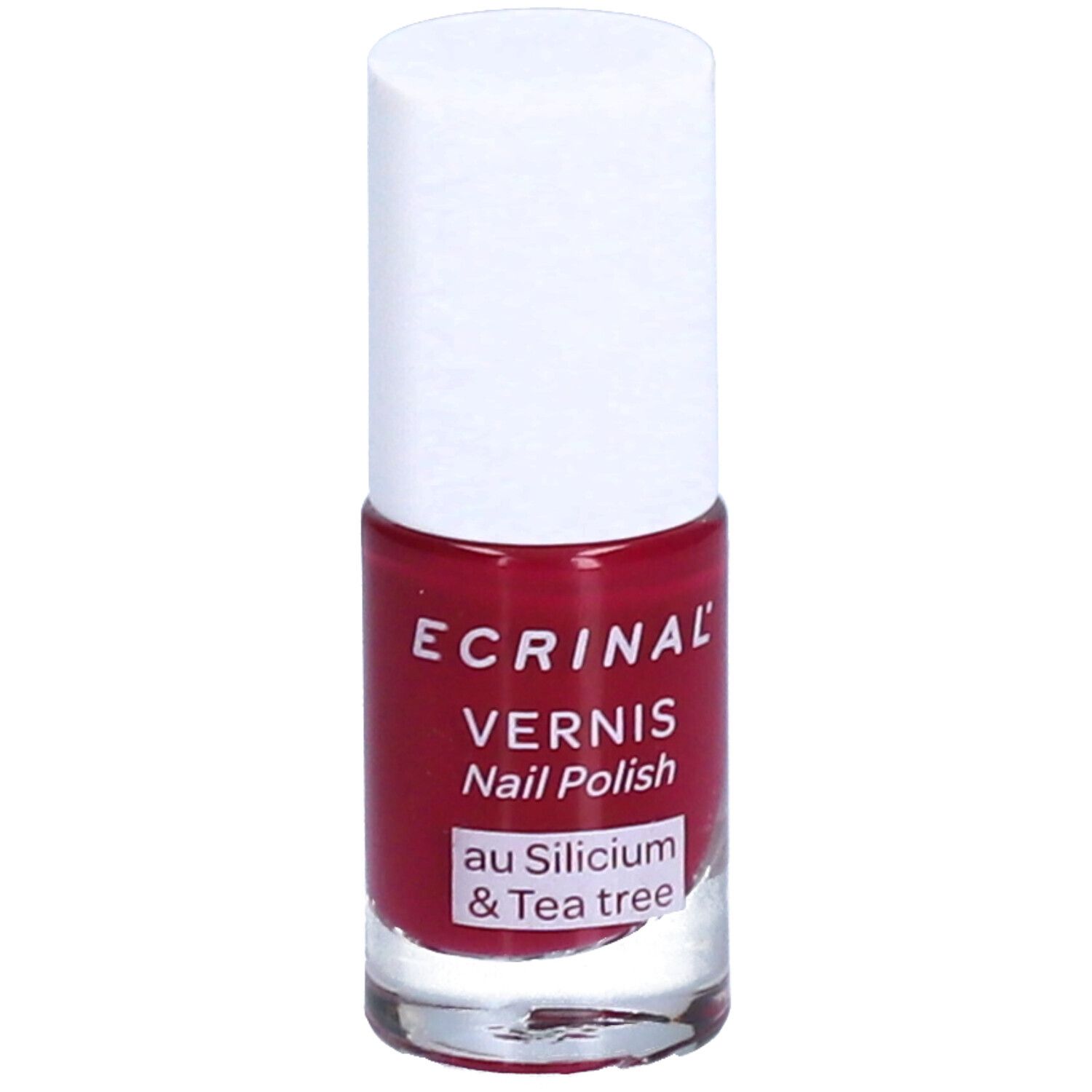 Flacon de vernis à ongles rouge avec bouchon blanc. Inscription: ECRINAL, Vernis, Nail Polish, au Silicium & Tea tree.