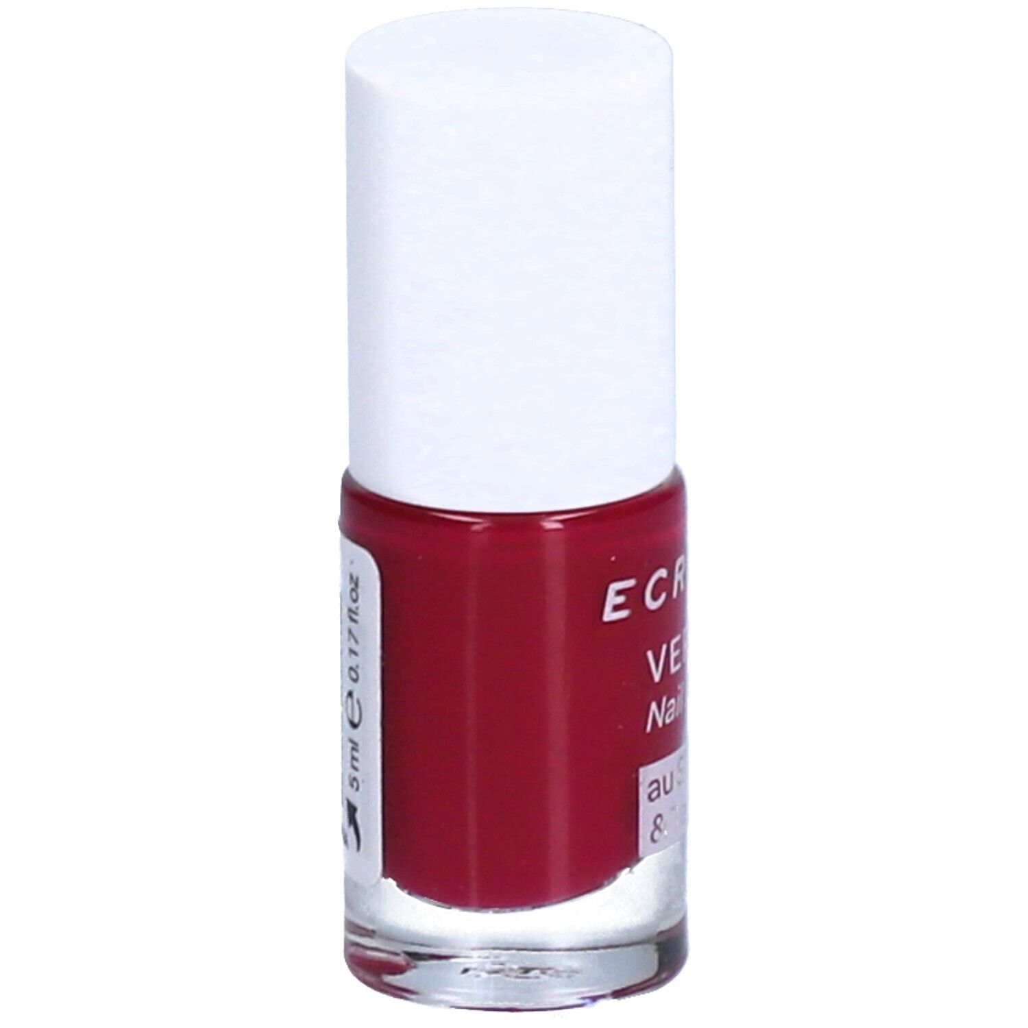 Flacon de vernis à ongles rouge avec bouchon blanc. Inscription: ECRINAL, Vernis, Nail Polish, 5 ml.