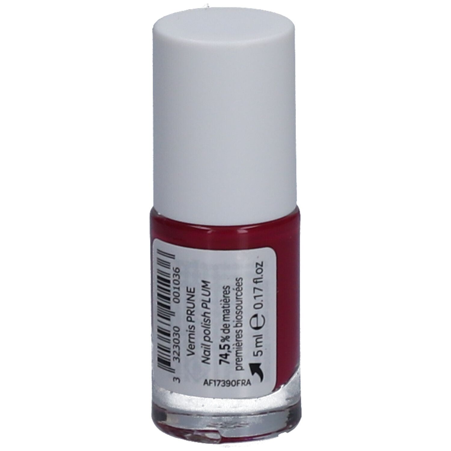 Flacon de vernis à ongles rouge avec bouchon blanc. Inscription: Vernis PRUNE, Nail polish PLUM, 5 ml, code-barres.